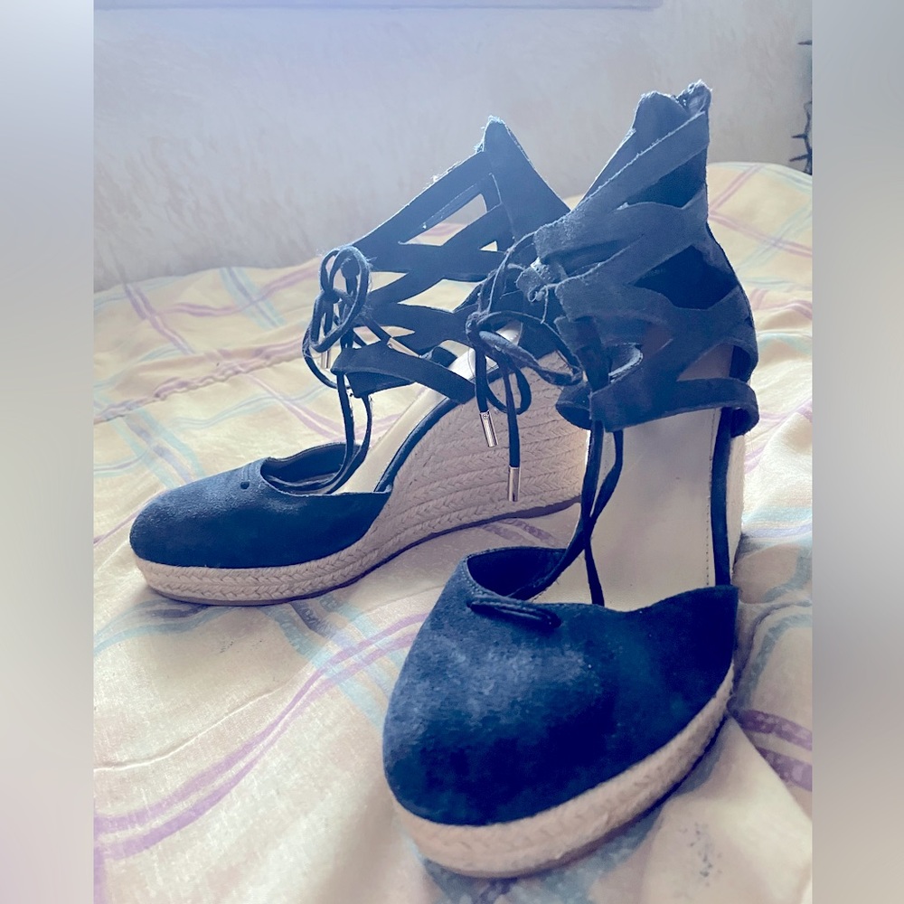 Blue suede wedges